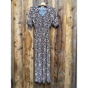 Boho Midi‎ Dress Womens M Navy Gold Floral Smocked Waist Cottage Coastal